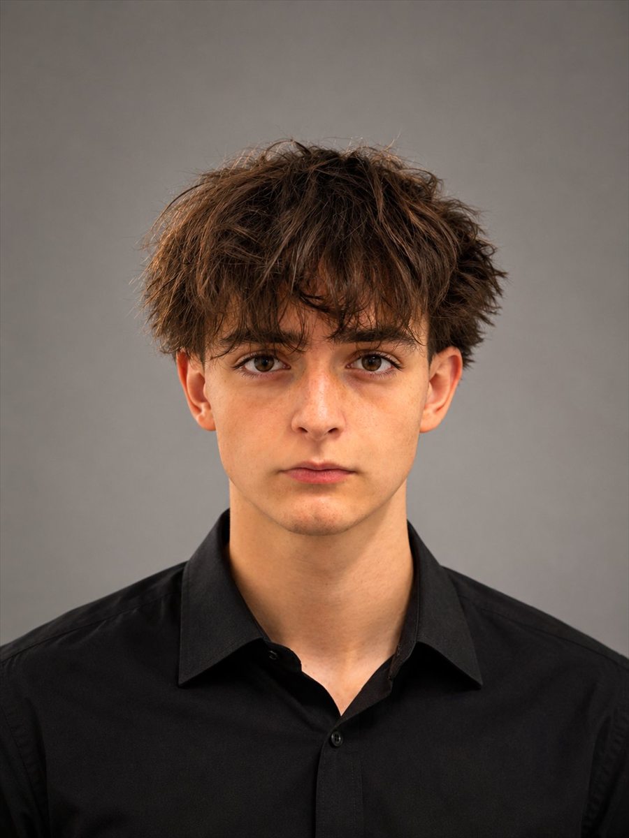 Portrait d'Alexis Fabre : cheveux bruns en bataille, chemise noire, sur fond gris.