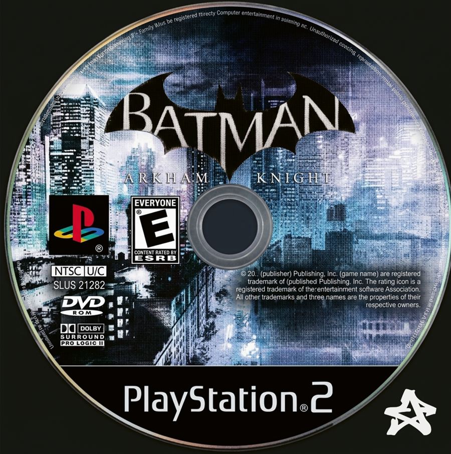 Le disque : le visuel de Gotham en fond, le logo PlayStation 2, la classification ESRB, le code SLUS et les mentions légales.