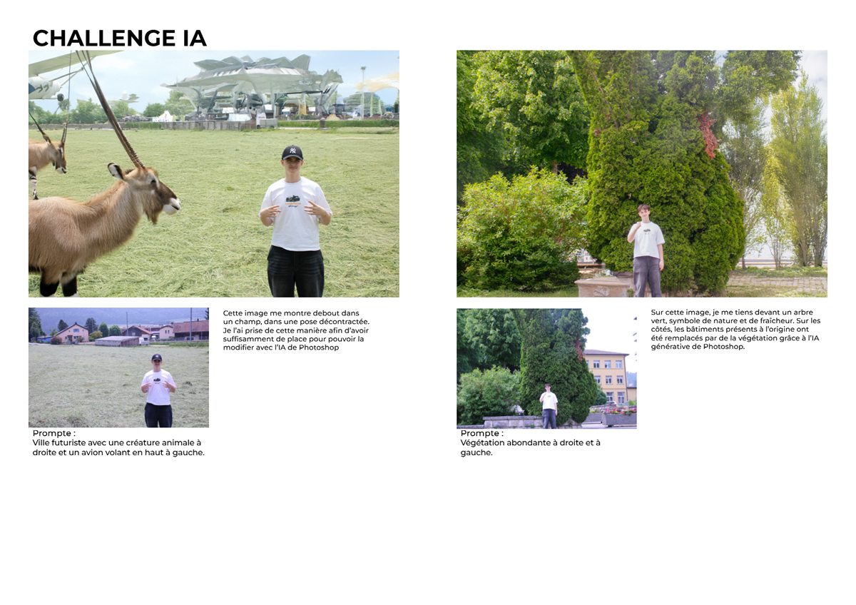 Page « Challenge IA » : deux photos avant/après, avec le texte demandé à l'IA.