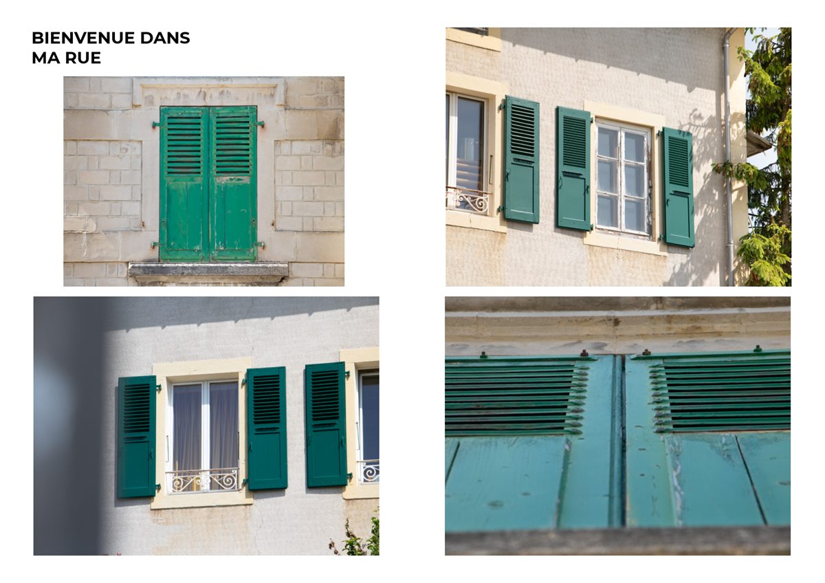 Série « Bienvenue dans ma rue » : quatre photos de volets verts sur des façades claires.