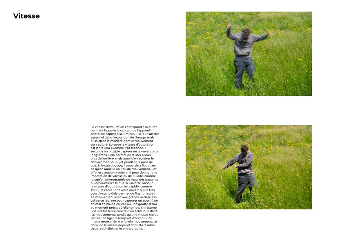 Page « Vitesse » : la même scène en flou de mouvement puis figée.
