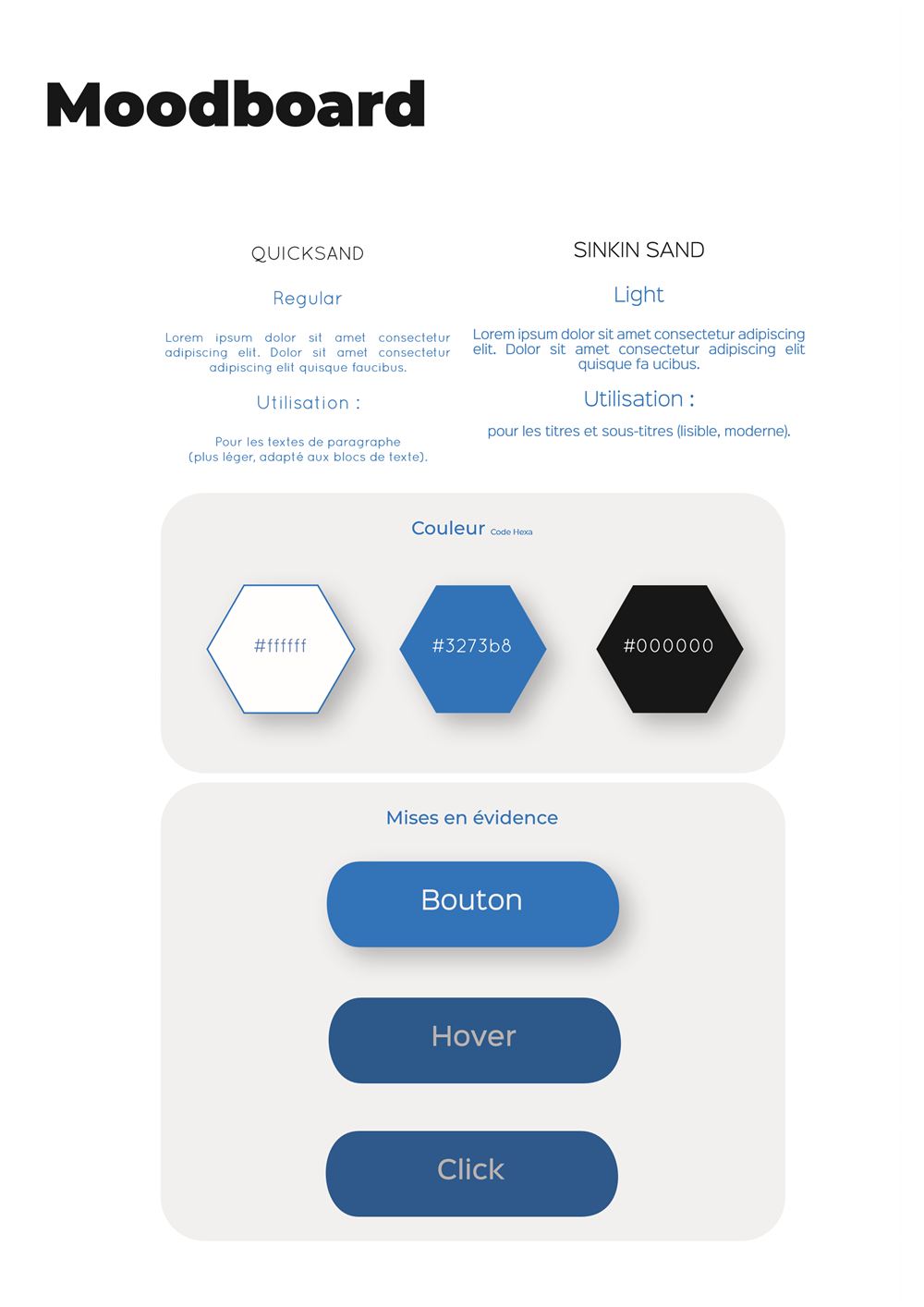 Moodboard : deux polices, trois couleurs et les états bouton, survol et clic.