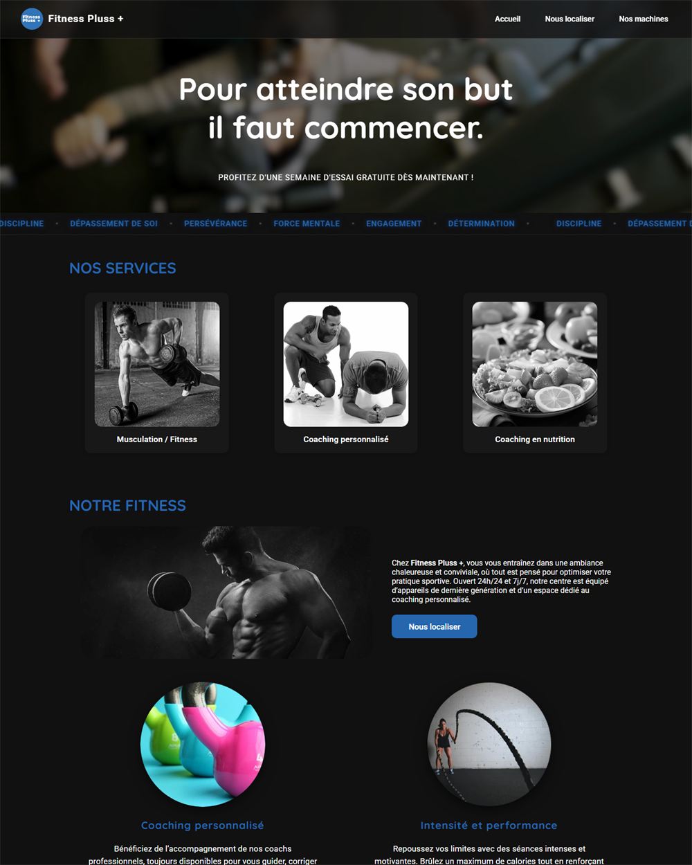 La page d'accueil du site, en entier : le titre sur la photo, les services et la présentation de la salle.