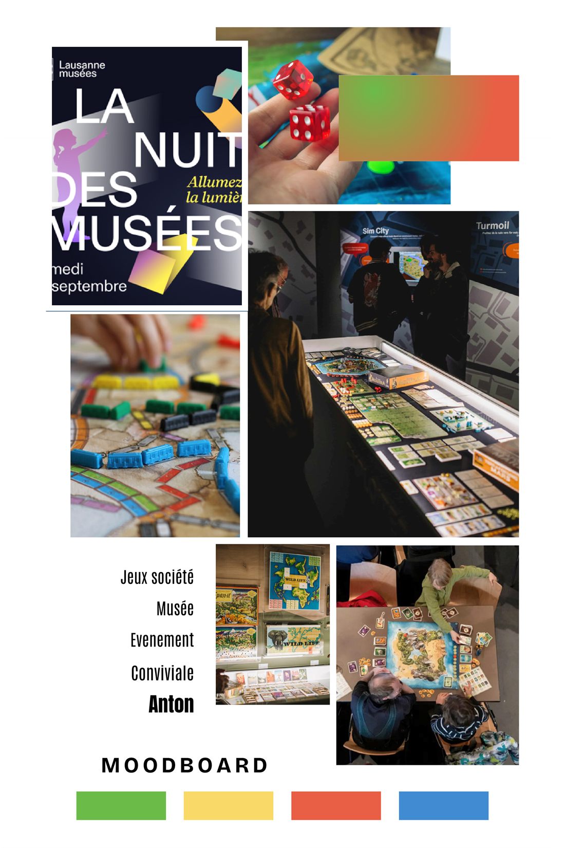 Moodboard : photos de tables de jeu, d'un musée, et quatre couleurs vives.